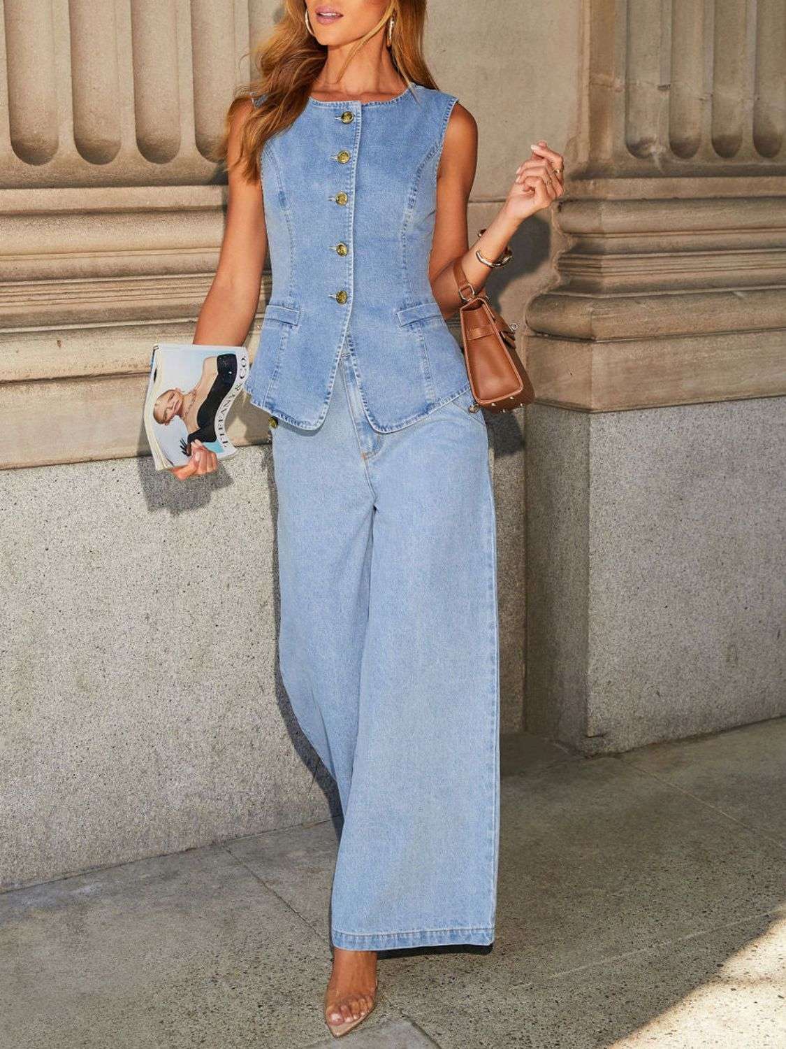 Button Down Vest and Wide Leg Jeans Denim Set - Divine Elegance