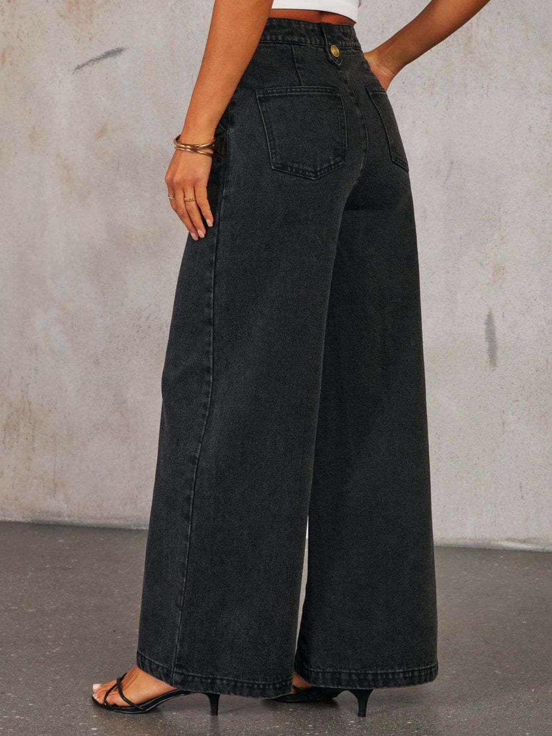 Button Down Vest and Wide Leg Jeans Denim Set - Divine Elegance